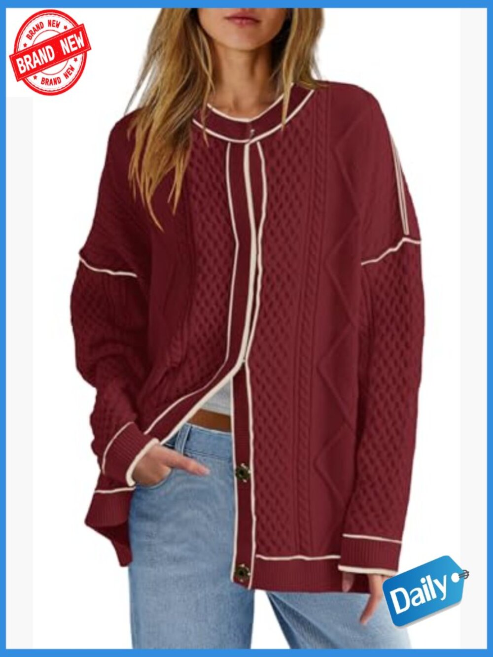 Oversized Cable Knit Cardigan with Pockets - Lightweight Fall Sweater - Picture 2 of 7